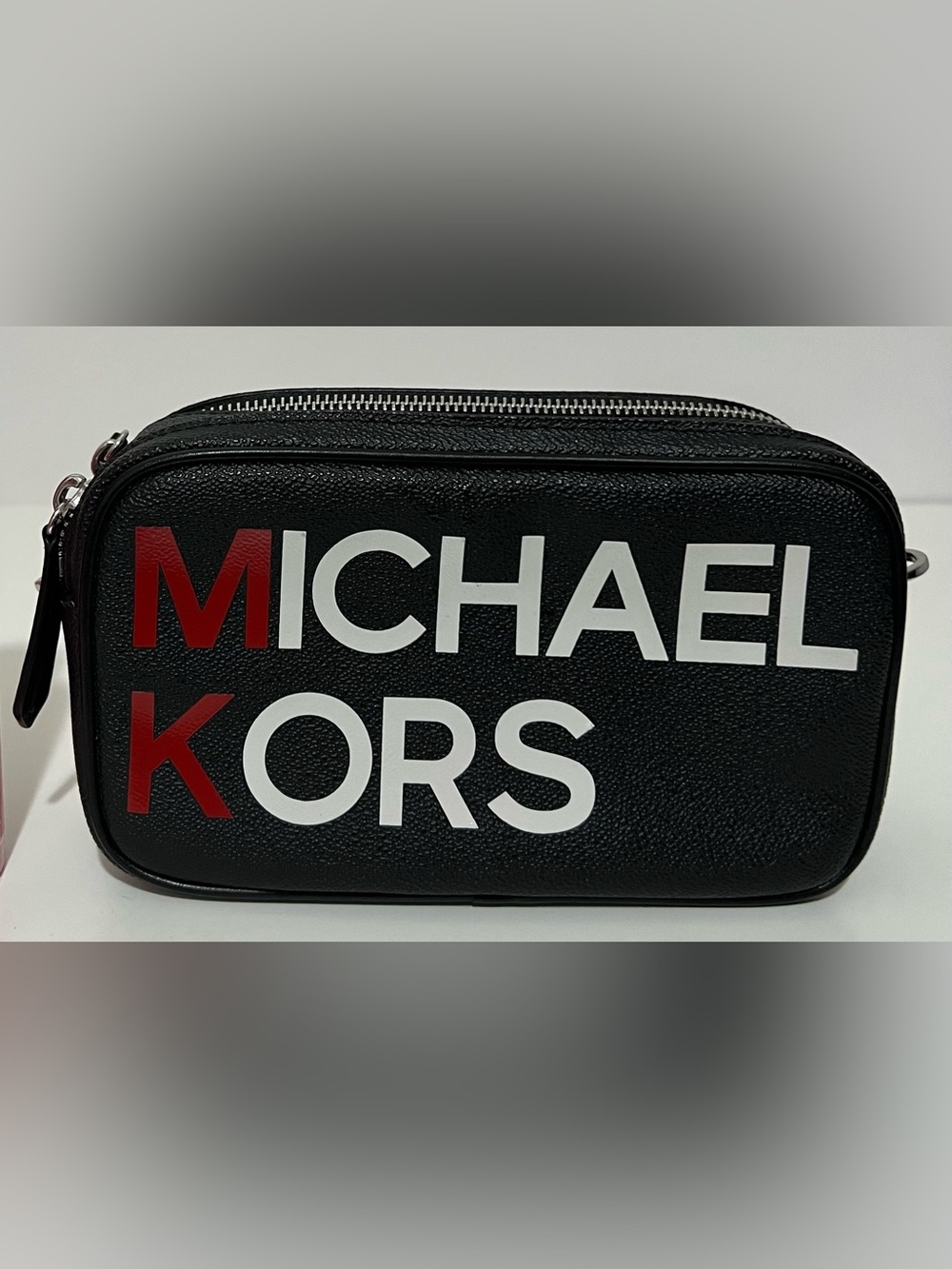 Michael Kors Black Toiletry Bag with White and Red Logo